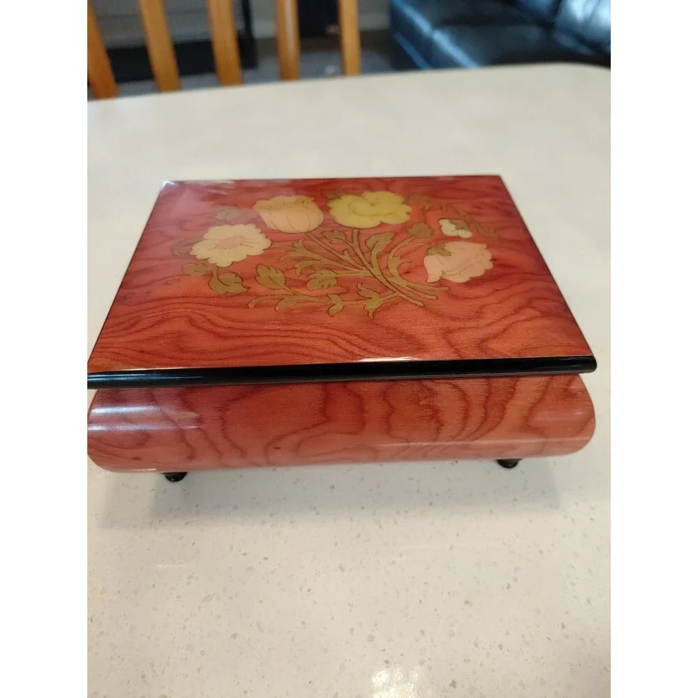 Ercolano Music Box Inlaid Wood With Flowers Plays Blue Danube Waltz Italy